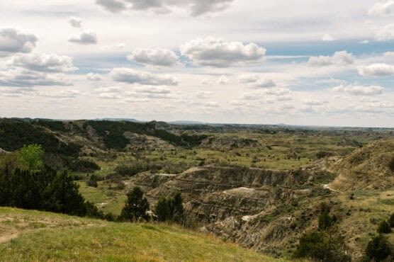 Wide view of a grassy, rocky landscape with rolling hills, scattered trees, and cloudy sky in Theodore Roosevelt National Park, North Dakota. by Justin Salem Meyer
