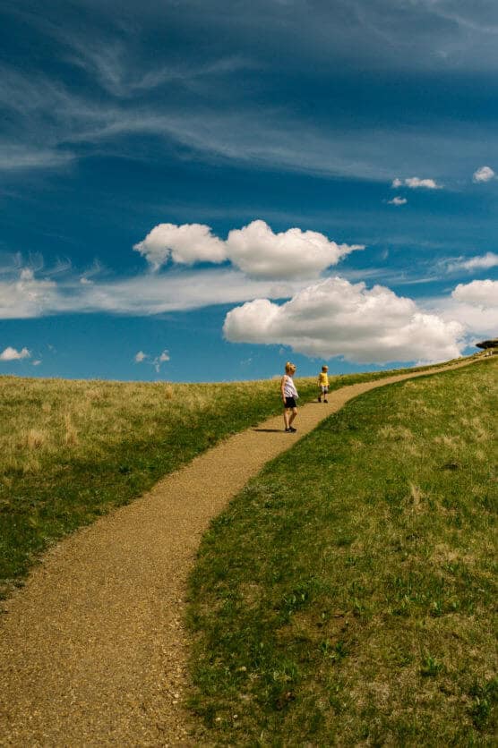 Two people walk along a winding gravel path through a grassy field under a blue sky with scattered white clouds. by Justin Salem Meyer
