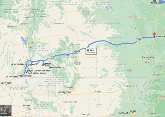 A Google Maps driving route from Windsor, Colorado to Las Vegas, Nevada, passing through locations in Utah such as Denver, Moab, St. George, and Bryce Canyon National Park; route covers 967 miles and takes about 15 hours. by Justin Salem Meyer