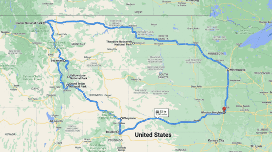 A map showing a road trip route through the northern United States, passing through Minneapolis, Glacier National Park, Yellowstone National Park, Cheyenne, Boulder, and back to Windsor Heights, with a total driving time of 52 hours. by Justin Salem Meyer