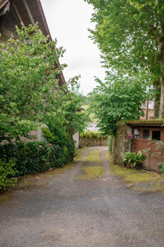 A narrow, paved path bordered by green bushes and trees leads between rustic buildings, one with a mossy stone wall and garage door, creating a serene and peaceful countryside scene. by Justin Salem Meyer