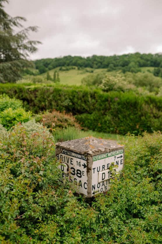 A weathered French road marker with painted direction signs stands among green bushes and grass, with rolling hills and trees in the background under a cloudy sky. by Justin Salem Meyer