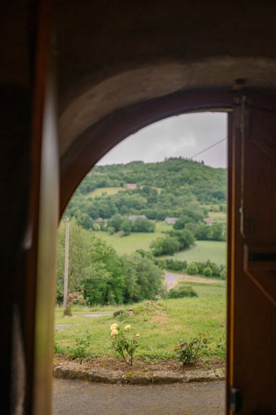 A view of a lush green landscape with rolling hills and scattered houses, seen through an open wooden door with an arched frame. Small flowers grow near the entrance. The sky is overcast. by Justin Salem Meyer
