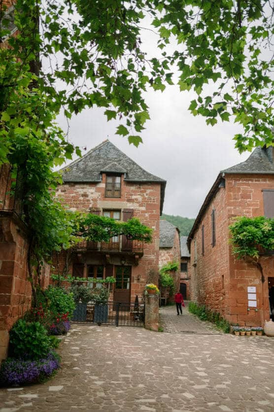 A cobblestone street lined with red stone buildings covered in green vines, with leafy branches overhead and a person walking in the background. The scene is peaceful and quaint. by Justin Salem Meyer