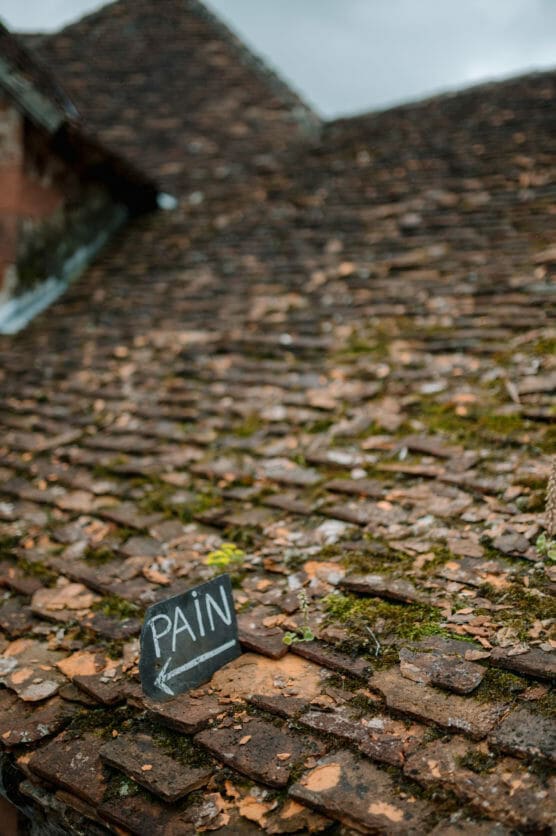 A weathered tile roof covered in moss, with a small chalkboard sign reading PAIN and an arrow pointing left. The sky is overcast. by Justin Salem Meyer