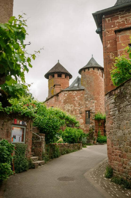 A narrow street lined with greenery and old stone buildings leads to a medieval-style structure with round towers and conical roofs, all made of reddish stone under an overcast sky. by Justin Salem Meyer