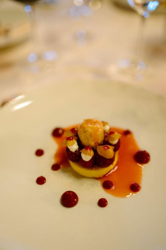 A gourmet dessert plated on a white dish, featuring a round pastry on top of fruit and cream, garnished with red sauce and small sauce dots around it. The background is softly blurred. by Justin Salem Meyer