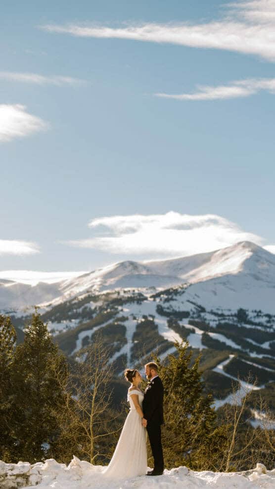A bride and groom stand together on snowy ground, gazing at each other, with tall evergreen trees and snow-covered mountains in the background under a bright blue sky. by Justin Salem Meyer