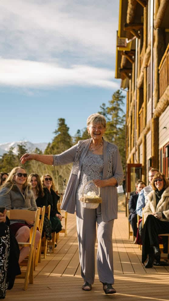 An older woman in a light gray pantsuit smiles as she walks down an outdoor aisle holding a basket, with seated guests watching and sunlight illuminating the scene. by Justin Salem Meyer