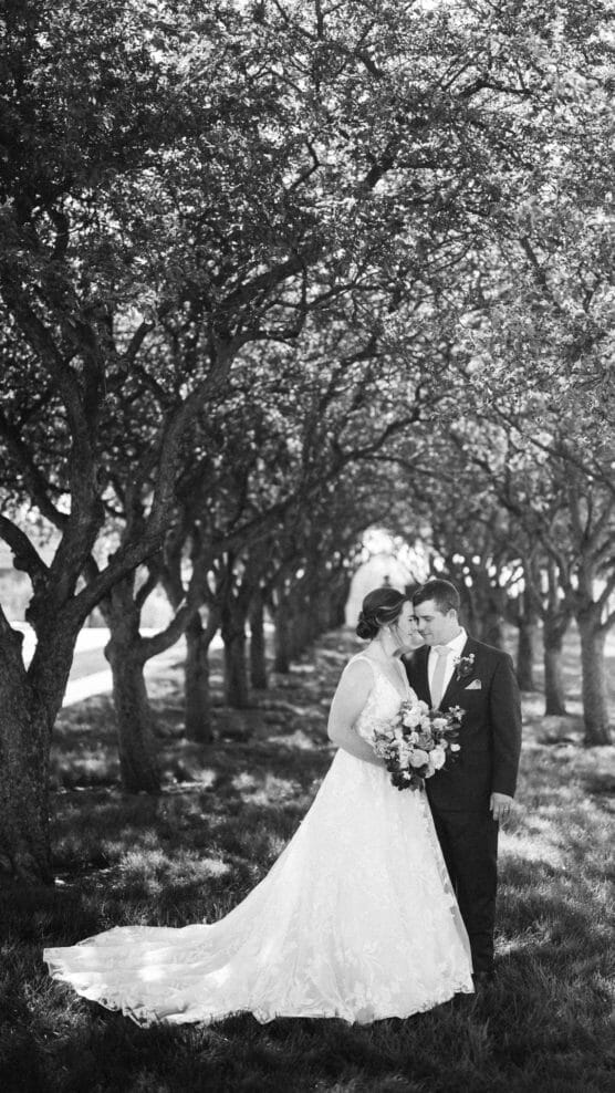 A bride and groom stand closely together under a canopy of leafy trees, sharing a tender moment. The bride holds a bouquet and wears a long, elegant dress; the groom is in a suit. Sunlight filters through the trees. by Justin Salem Meyer
