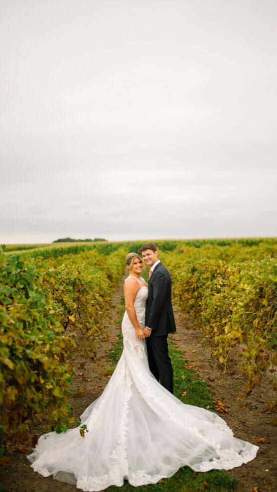 A bride in a white gown and a groom in a dark suit stand together in the middle of a vineyard row, holding hands and smiling, with green vines and an overcast sky in the background. by Justin Salem Meyer