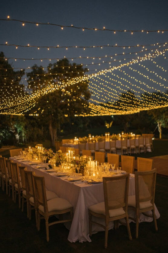 Long tables set for an outdoor evening event, decorated with candles and flowers, beneath a canopy of glowing string lights, creating a warm and elegant atmosphere. by Justin Salem Meyer