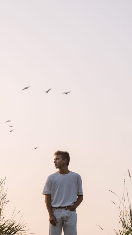 A person stands outdoors in tall grass at sunset, looking to the side. The sky is pale and clear, with a flock of birds flying overhead. by Justin Salem Meyer