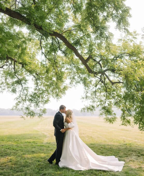 A bride and groom embrace under a large green tree in a sunlit, open field. The bride wears a long white dress with a train, and the groom is in a black suit. The scene is peaceful and romantic. by Justin Salem Meyer