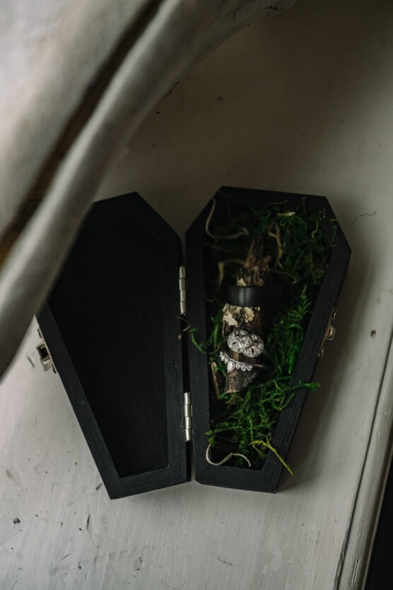 A black coffin-shaped ring box lined with green moss holds an ornate silver ring displayed on a small piece of wood, resting on a light-colored surface. by Justin Salem Meyer