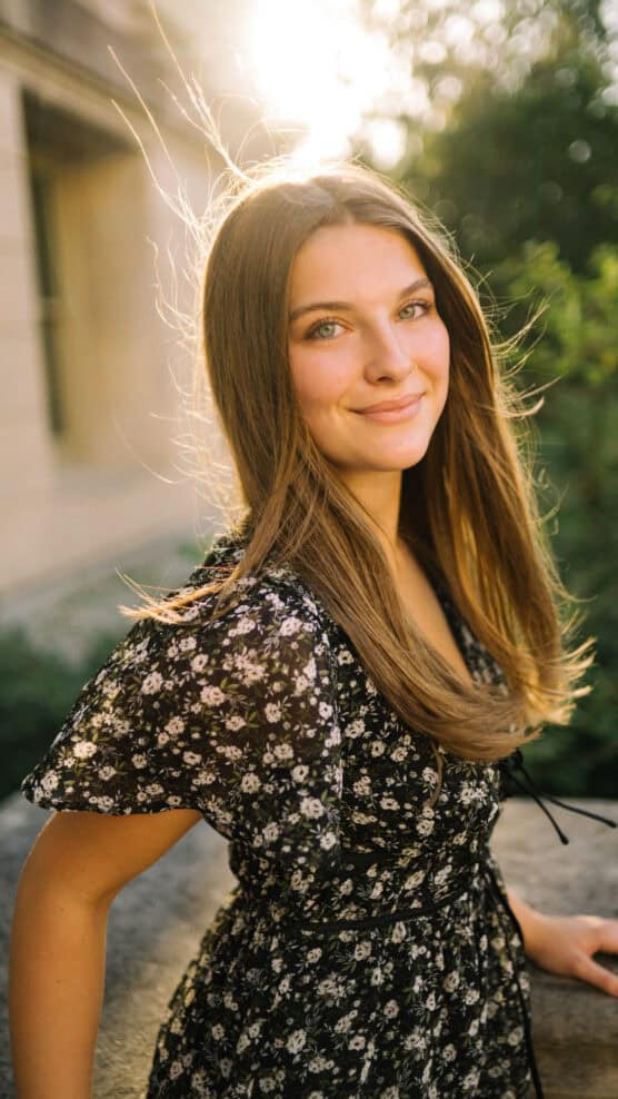 A young woman with long brown hair wearing a black floral dress smiles outdoors, bathed in warm sunlight with greenery and a building in the background. by Justin Salem Meyer