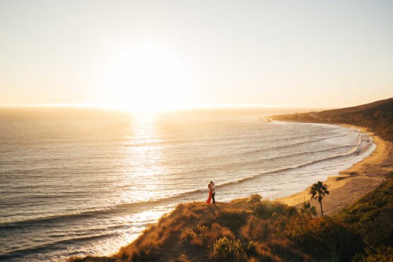 A person stands on a grassy cliff overlooking a sandy beach and ocean at sunset, with waves gently rolling onto the shore and the sun low on the horizon. by Justin Salem Meyer