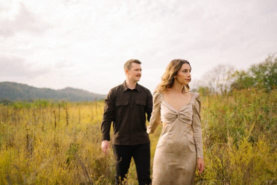 A woman in a gold dress walks through a field, holding hands with a man in a dark shirt and pants. They are surrounded by tall grass and plants under a cloudy sky, with distant hills in the background. by Justin Salem Meyer