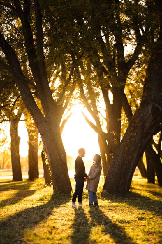 A couple stands facing each other, holding hands in a sunlit forest clearing with tall trees and golden light filtering through the branches. by Justin Salem Meyer