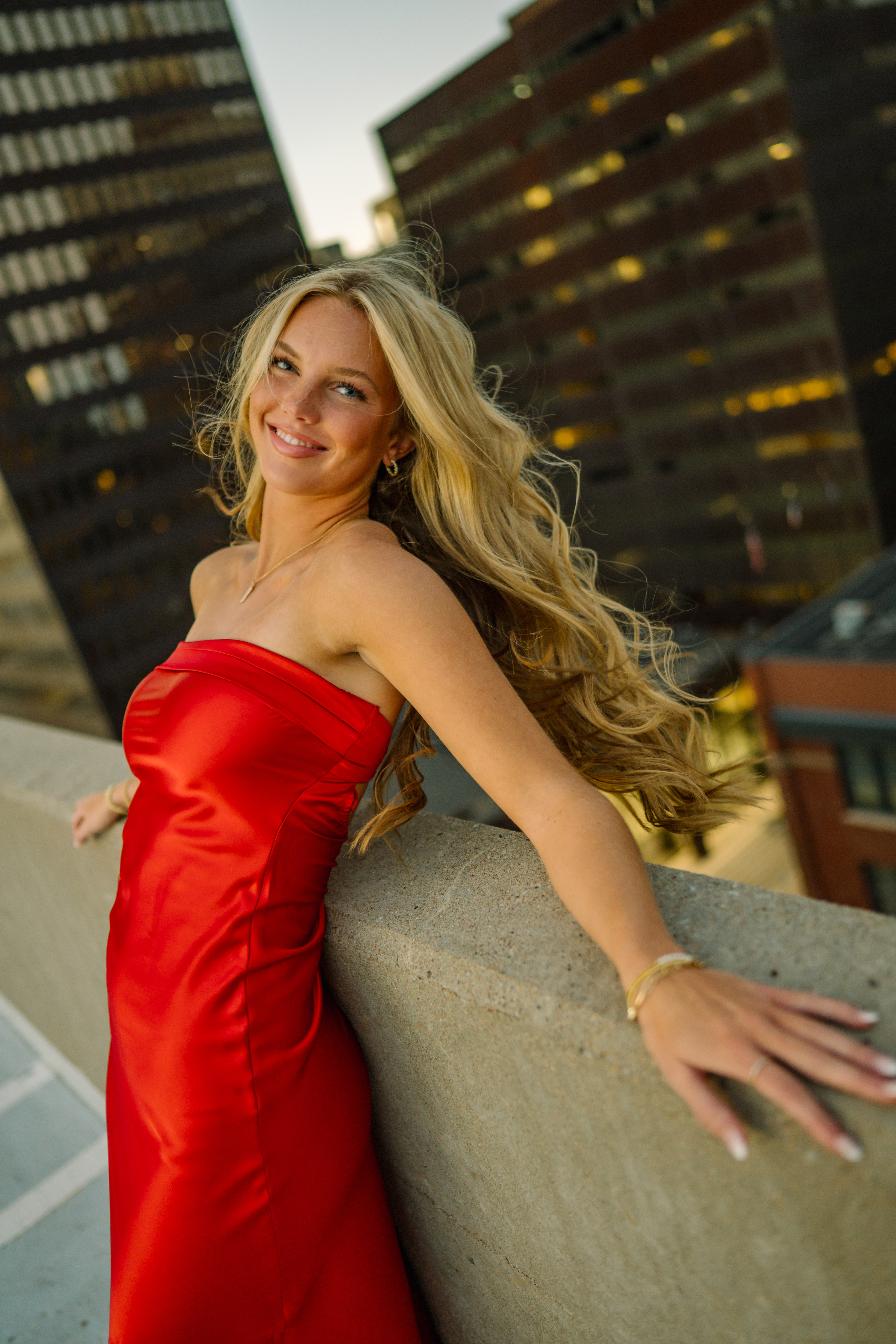 a woman in a red dress