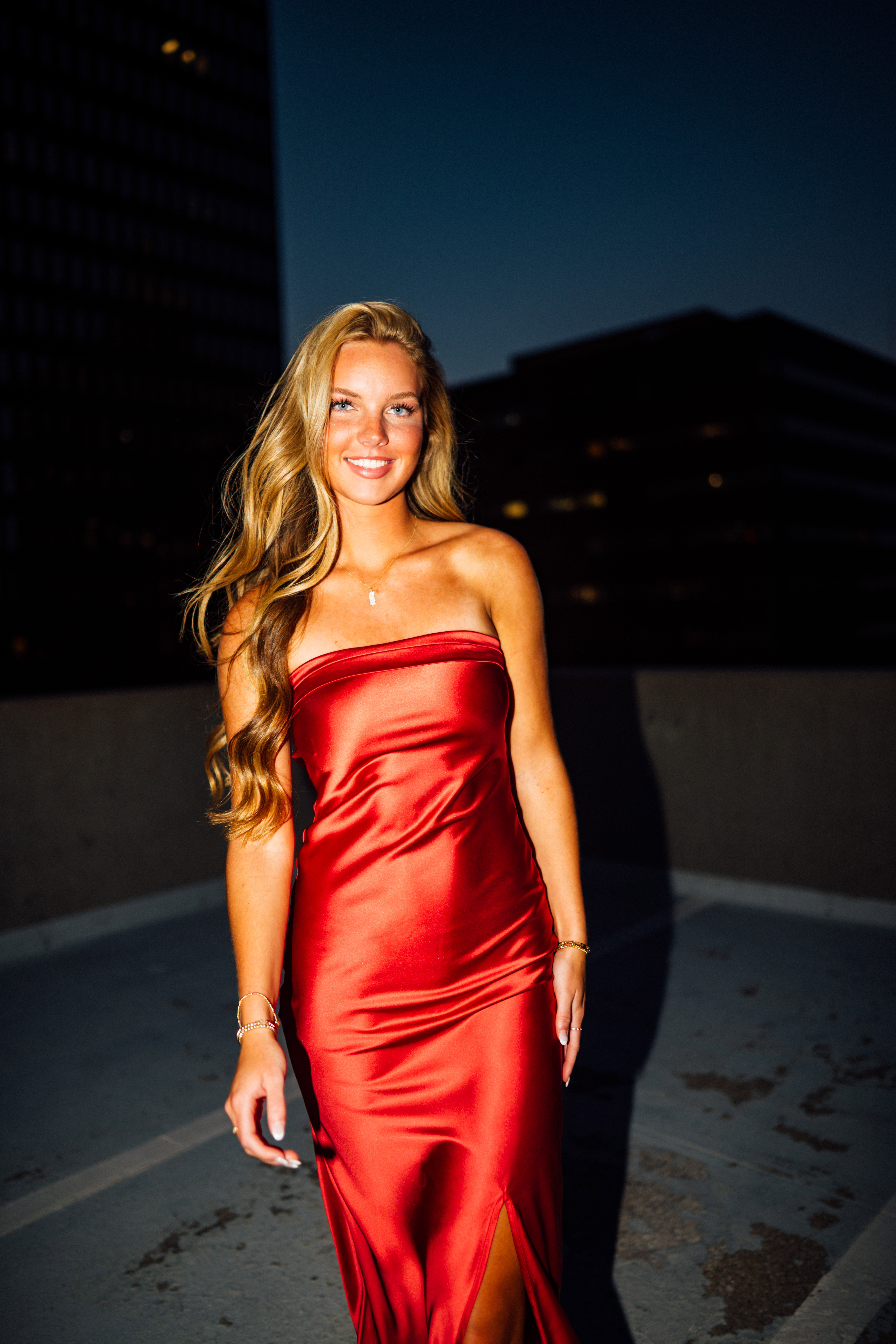 a woman in a red dress