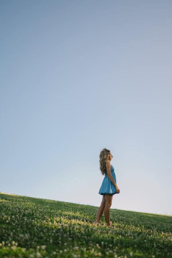 A young girl in a blue dress stands on a grassy hill under a clear sky, looking off into the distance. The scene is bright and peaceful, with green grass and wildflowers. by Justin Salem Meyer